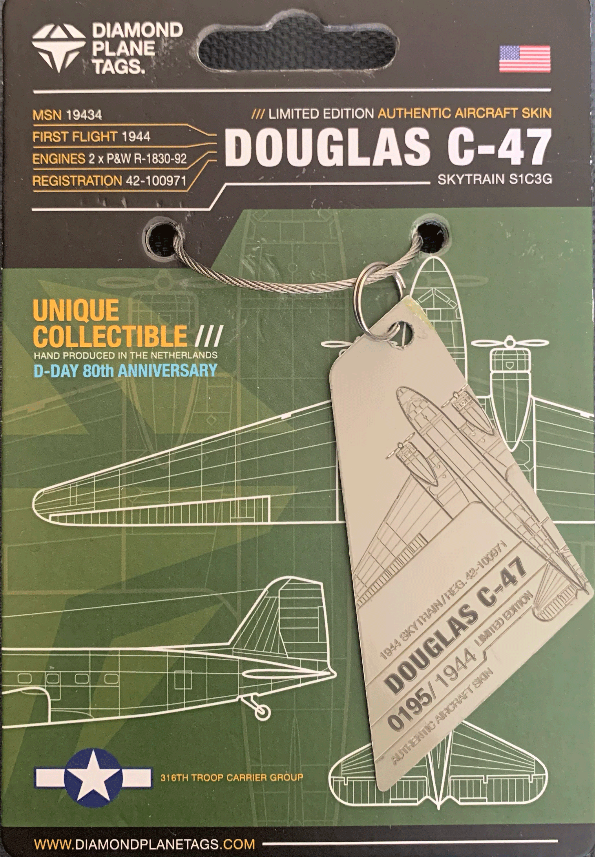 Douglas C-47 PH-PBA D-Day Plane Tag